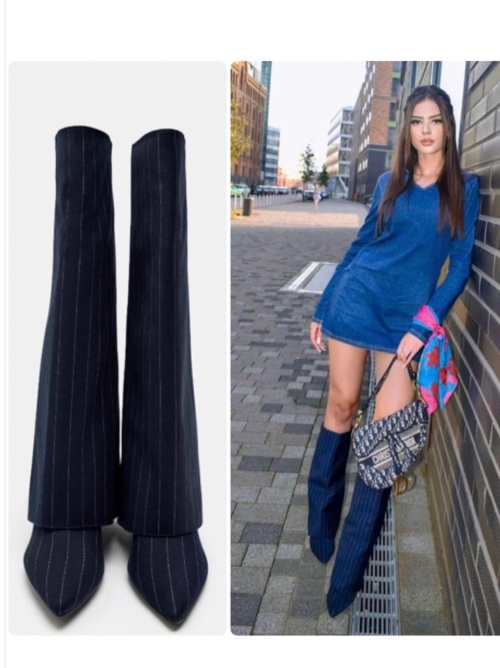ZARA TALL BOOTS NAVY STRIPS WHITE